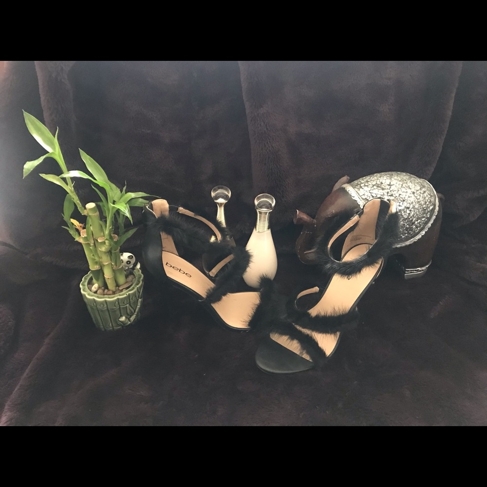 BEBE Faux Fur Black Heels